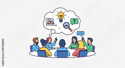 Diverse group of people brainstorming ideas in a meeting with thought bubble and light bulb