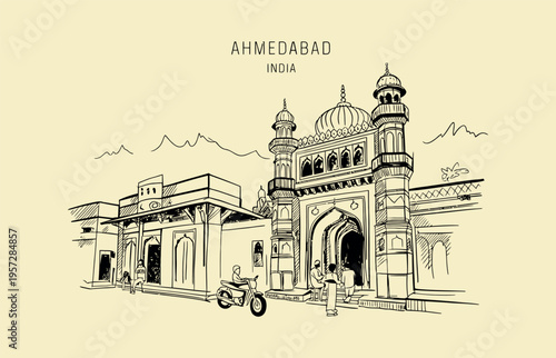 Ahmedabad India Mosque Sketch with Motorbike Architecture Islamic
