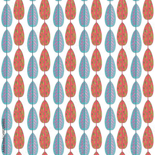 Seamless Colorful Retro Leaf Pattern With Vertical Rows of Stylized Teal and Coral Leaves