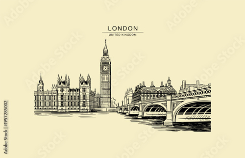 London Skyline Drawing with Big Ben and Westminster Bridge United Kingdom Parliament