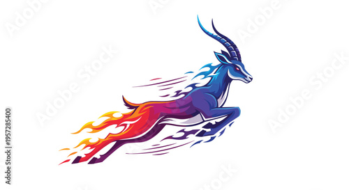 A dynamic gazelle leaps through the air, leaving a trail of vibrant blue, purple, and fiery orange flames, symbolizing extraordinary speed and power.