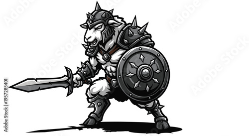 A formidable warrior sheep, clad in spiked armor and helmet, wields a shield and sword, embodying strength and readiness for ancient combat.