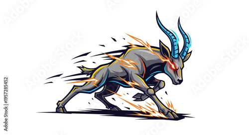 A dynamic grey gazelle with striking blue horns and glowing red eyes races forward, surrounded by bursts of electric lightning, symbolizing raw power and speed.