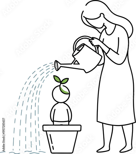 A diligent woman carefully waters a small person-plant in a pot, embodying the essential process of nurturing growth, personal development, and investing in human or business potential.