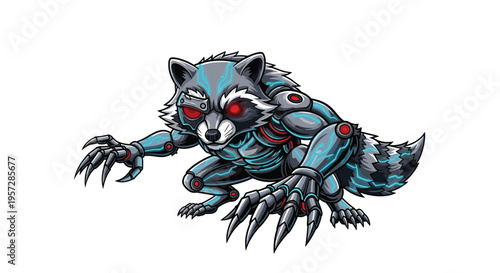A sleek, robotic raccoon with glowing red eyes, intricate cybernetic enhancements, and sharp metallic claws crouches, ready for stealthy, high-tech action.
