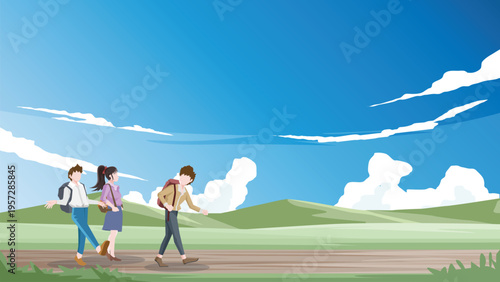 Three close friends with backpacks walking along a scenic trail under a bright blue summer sky. Concept of friendship freedom from work and the joy of outdoor travel adventures. Free space for insert.