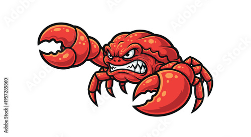 A furious red crab with aggressive eyes and powerful, open claws lunges forward, ready to attack with fierce determination and untamed rage.