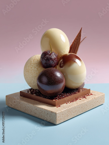 Gourmet chocolate spheres dessert on modern stone plate