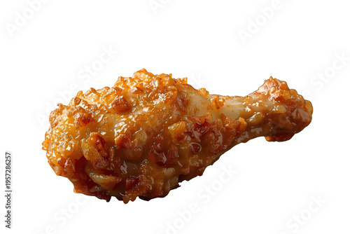 Fried chicken drumstick, crispy golden crust with a shiny glaze, delicious comfort food snack, transparent background