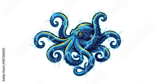 A dynamic blue octopus, surrounded by vivid blue lightning bolts and electric currents, extends its charged tentacles, radiating immense power and energy.