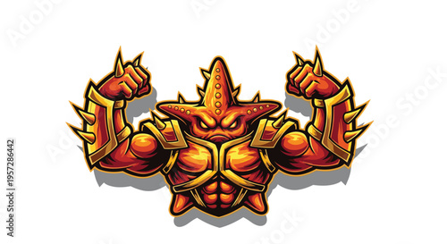 A powerful armored starfish warrior, flexing its muscular, spiky orange body and glowing with determination, stands ready for an underwater battle.