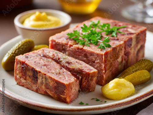 Traditional pate terrine with cornichons and dijon mustard