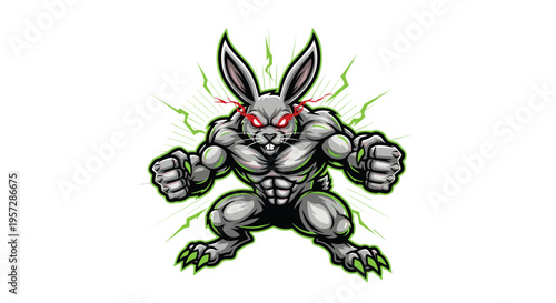 A formidable muscular rabbit, with glowing red eyes and powerful fists, stands charged with green electricity, embodying immense strength and dynamic power.