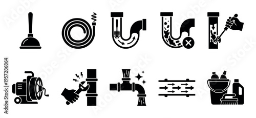 A collection of black and white vector icons illustrating various plumbing tools, pipe issues, and cleaning supplies, perfect for service-related designs.