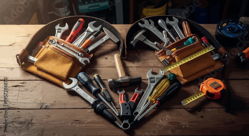Various essential construction and repair tools including wrenches hammers and screwdrivers artfully arranged on rustic wood.