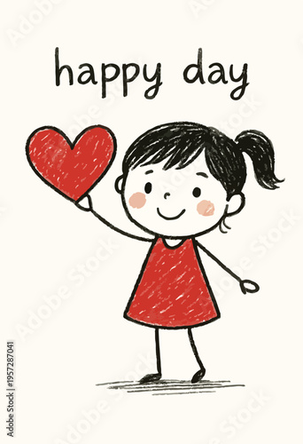 Adorable hand drawn doodle girl cheerfully holding up a big red heart symbolizing love and happiness
