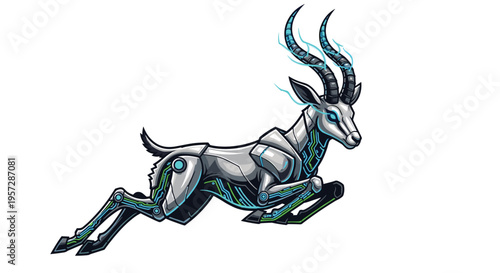 A sleek, silver robotic gazelle with glowing blue and green circuit patterns on its body and horns races forward, representing futuristic speed and technology.