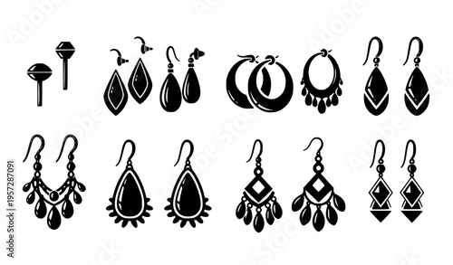 Black earrings icon set vector with beauty jewelry silhouette collection