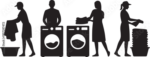Silhouette of people doing laundry with washing machines and dryer