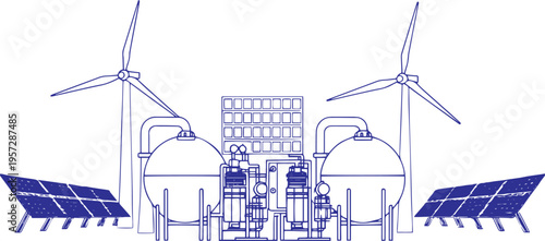 Green Hydrogen Production Factory Concept, Line Art Vector Illustration