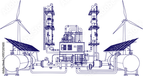 Green Hydrogen Production Factory Concept, Line Art Vector Illustration