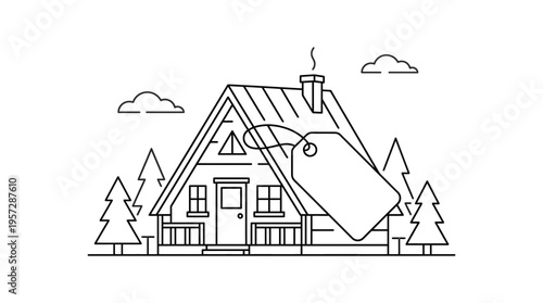 A-Frame House With Blank Price Tag in Scenic Landscape