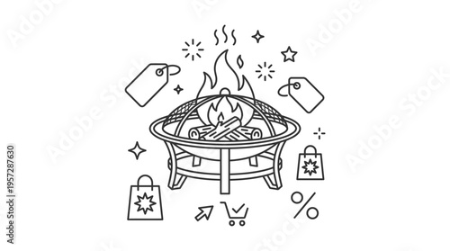Fire Pit Sale and Shopping Icons Set