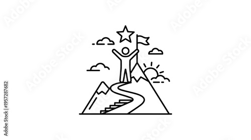 Person Reaching Mountain Summit With Star and Flag