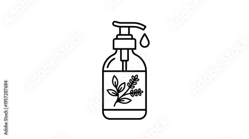 Line Art Bottle Of Liquid Soap With A Plant And Droplet