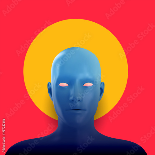Conceptual vector 3D illustration of blue human head with glowing eyes in front of yellow sun circle on red background. Vivid fashion surreal art.