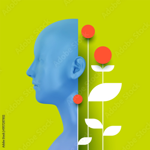Blue human head profile sliced to reveal white organic plants and flowers growing inside. Abstract vivid fashion surreal art.