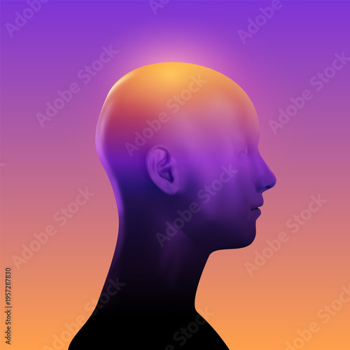 Conceptual profile of human head with glowing top against purple and orange sunset gradient background. Abstract vivid fashion surreal art.