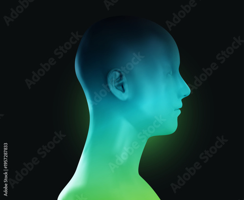 Profile of human head with dark to green gradient glowing against black background. Abstract vivid fashion surreal art.