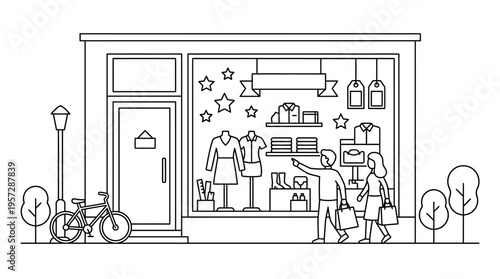 Fashion Boutique Storefront with Shoppers and Bicycle