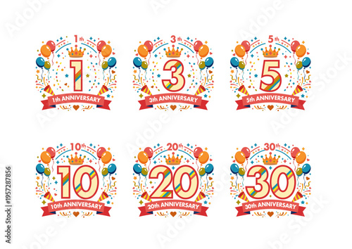 カラフルでパーティー感あふれるポップなアニバーサリーアイコンセット (1周年から30周年)