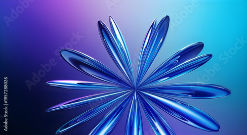 A vibrant abstract flower like structure rendered in gleaming reflective blue and purple tones high-quality