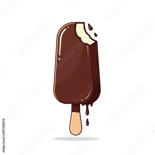 Delicious Ice Cream Bar Vector Illustration, Partially Bitten Chocolate-Coated Treat with Drips