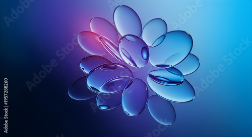 An abstract arrangement of translucent droplet shaped objects in shades of blue and purple high-quality