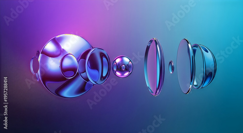 Abstract composition of luminous chrome spheres and lenses against a vibrant blue purple gradient background