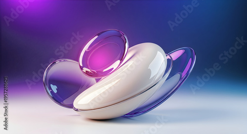 A sleek futuristic arrangement of glossy translucent white and blue capsules glows against a dark background