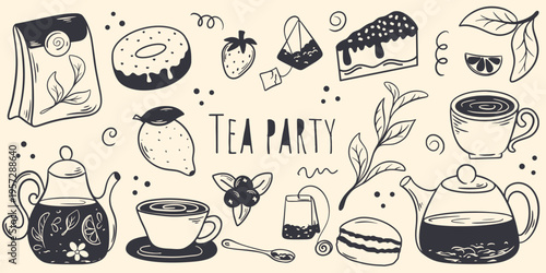 Tea party doodle sketch style. Set of hand drawn ink illustrations, including teapot, mug, kettle, leaves, bags and desserts. Cozy, atmospheric bunch of tea ceremony elements, vector graphics