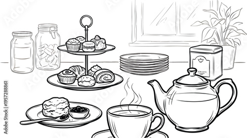 Delightful monochrome line art of an afternoon tea scene, featuring scones, pastries, and a steaming teacup