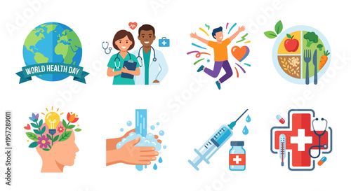 World health day icons representing wellness medicine and global care