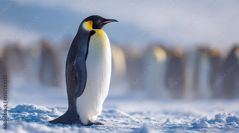 Fototapeta premium An emperor penguin stands before its distant colony.