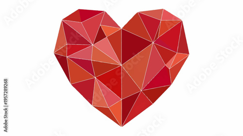 A polygonal heart illustration is prominently displayed in vibrant red hues on a white background.