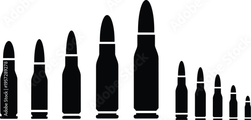 Collection of bullet cartridge silhouette vector illustrations showing different ammunition calibers, modern firearm design icons for education, military graphics, posters, and creative projects