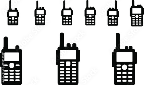Collection of handheld radio walkie‑talkie silhouette vector icons with modern communication device designs for user interface, branding, posters, infographics, and creative projects