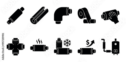 A collection of black and white vector icons representing various aspects of plumbing and insulation, including pipes, elbows, rolls, and a water heater, suitable for technical or conceptual use.