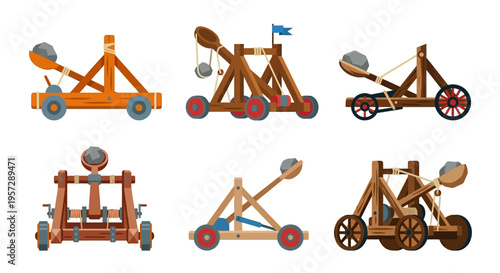 Illustrations of various trebuchets and medieval siege weaponry displayed together