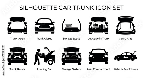 This collection features various silhouette icons illustrating different car trunk states and uses, from open and closed to storage and repair.
